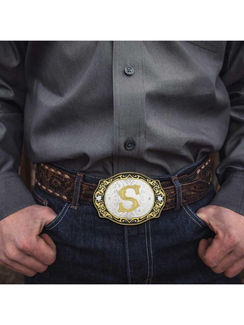 unisex S Imported Cowboy Rodeo Gold Initial Letter Belt Buckle - Picture 4 of 6